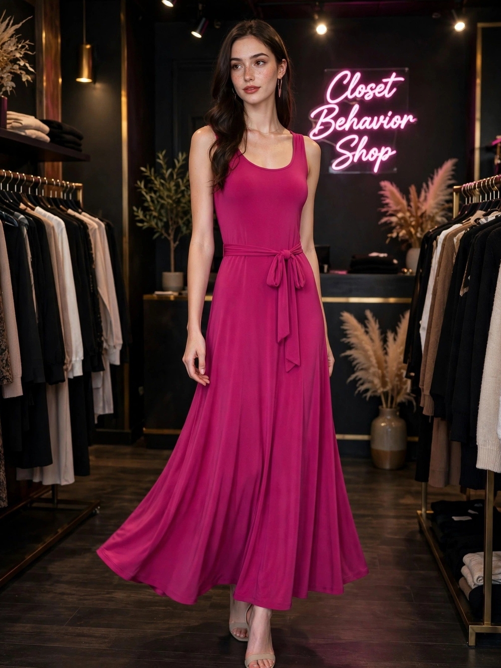 Women's Fuchsia Sleeveless Tie-Waist Maxi Dress